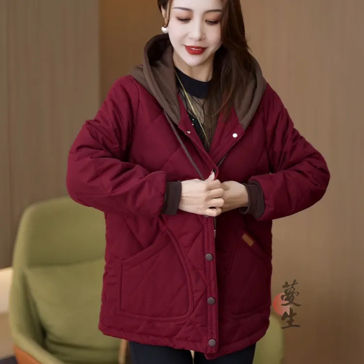 2025新款安哥拉红棉衣冬季中老年妈妈装连帽棉衣加厚保暖休闲外套