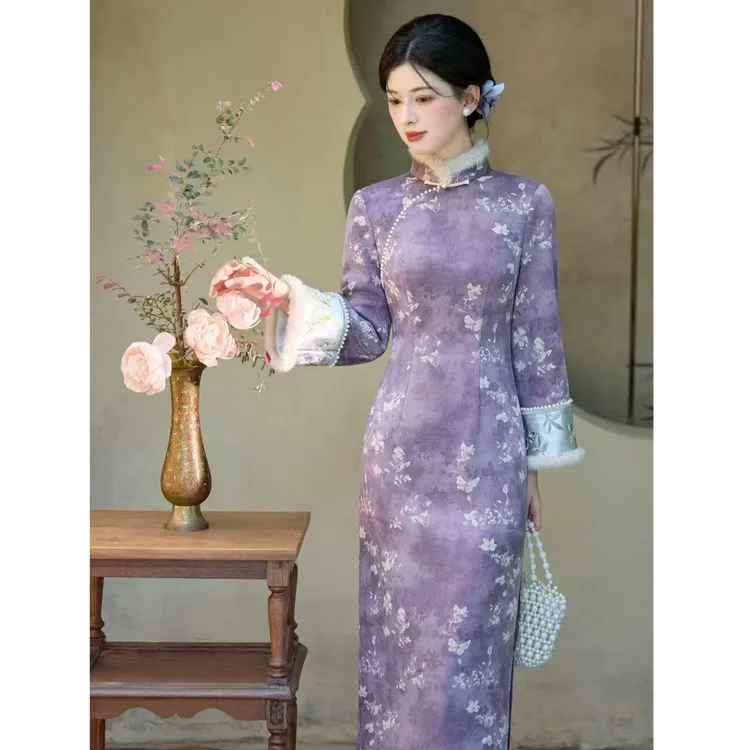 苏故里【紫苑芳华】加绒秋冬文艺显瘦新中式日常旗袍气质衣长120