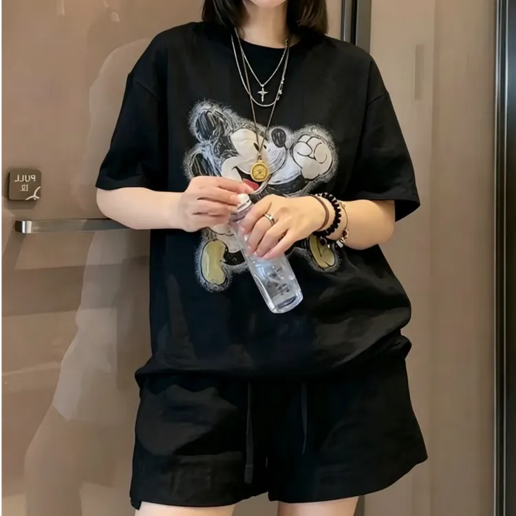 夏季韩系休闲复古米奇印花宽松短袖+抽绳高腰休闲短裤套装81737