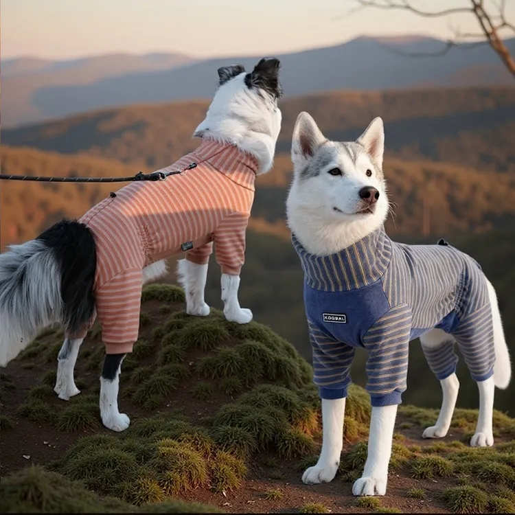KOOGAL新款宠物狗狗条纹德绒高领四脚睡衣可调节背长弹力居家服