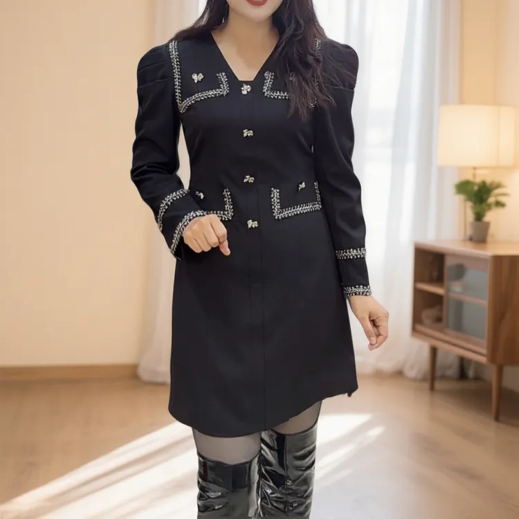 套头款街头风短裙高腰纯色修身中长款连衣裙黑色气质显瘦ins秋冬