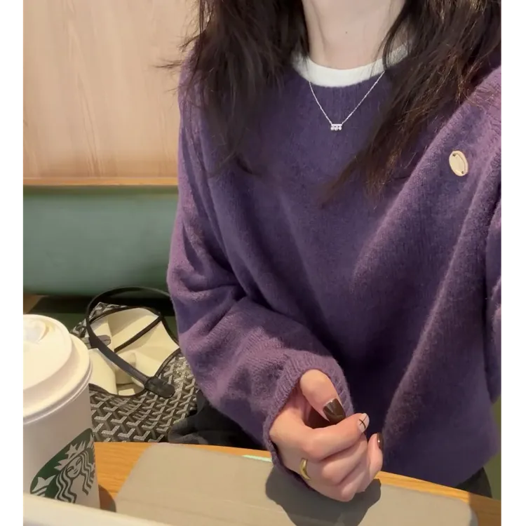 温柔风软糯圆领紫色毛衣女秋冬新款慵懒高级感气质百搭套头上衣