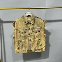 25早秋新款水洗深卡其色男士毛边百搭翻领多口袋牛仔马甲 32034