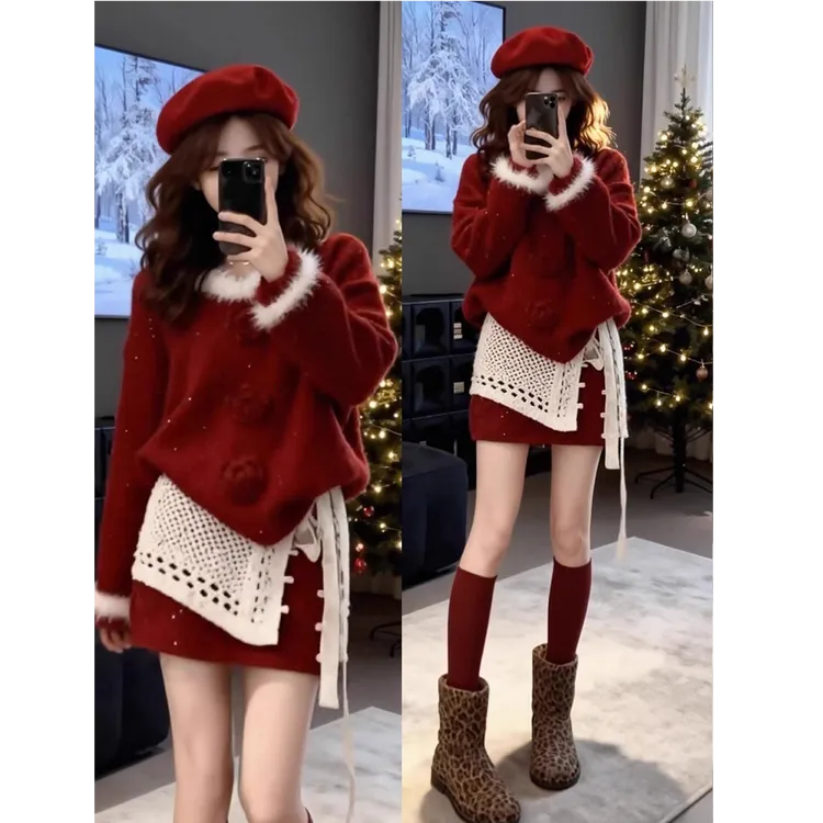 大码胖mm冬装一整套新年圣诞穿搭巨好看红色针织连衣裙子三件套女