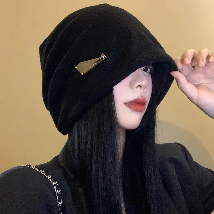 堆堆帽女款韩版秋冬季百搭ins金属标冷帽显脸小大头围包头帽子潮 