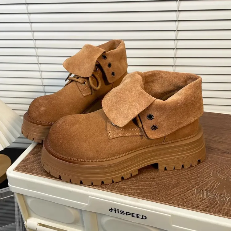 时尚复古翻盖马丁靴女2025早秋新款黄色百搭厚底两穿短靴大黄靴潮