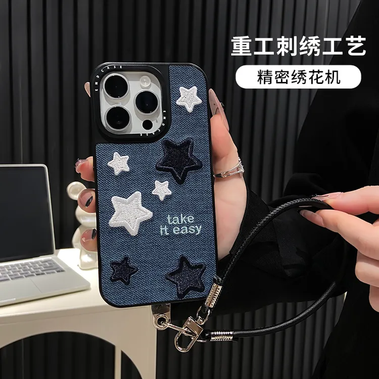 ins风星星刺绣适用苹果16promax手机壳17斜跨挂绳iPhone15高级13