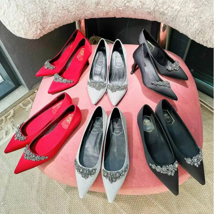 2025春季99rv法式真丝浅口高跟女鞋气质尖头水钻平底单鞋婚鞋