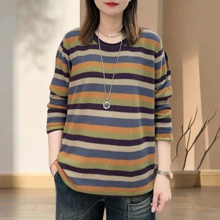 秋冬条纹时尚圆领针织袖条纹毛针织衫休闲女装套头长袖显瘦宽松