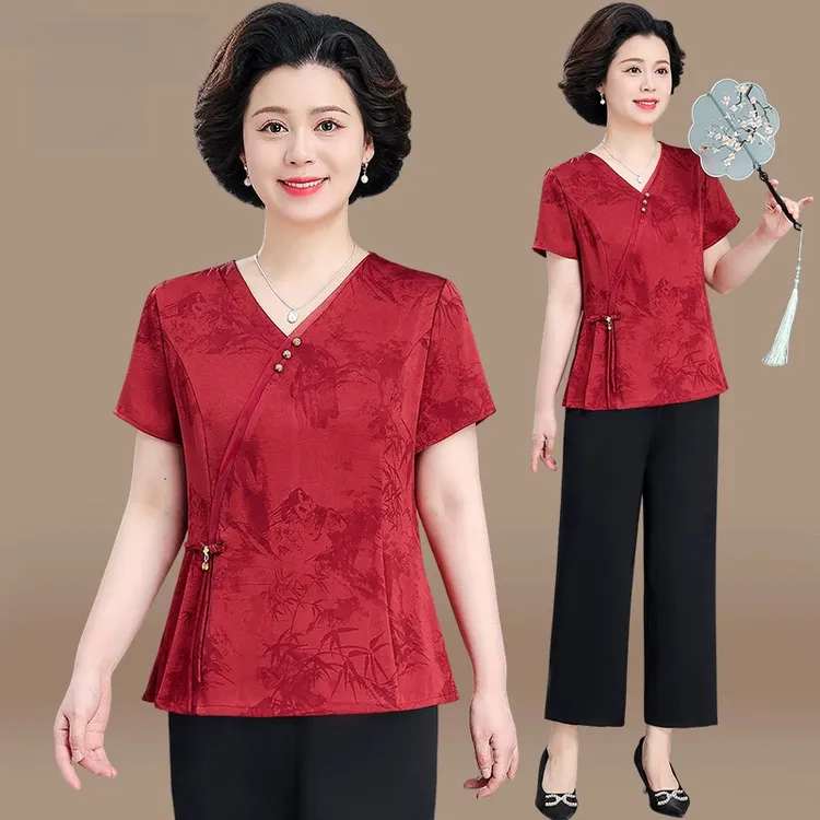 喜婆婆婚宴装2025新款妈妈夏装套装中老年女装夏季新中式短袖小衫