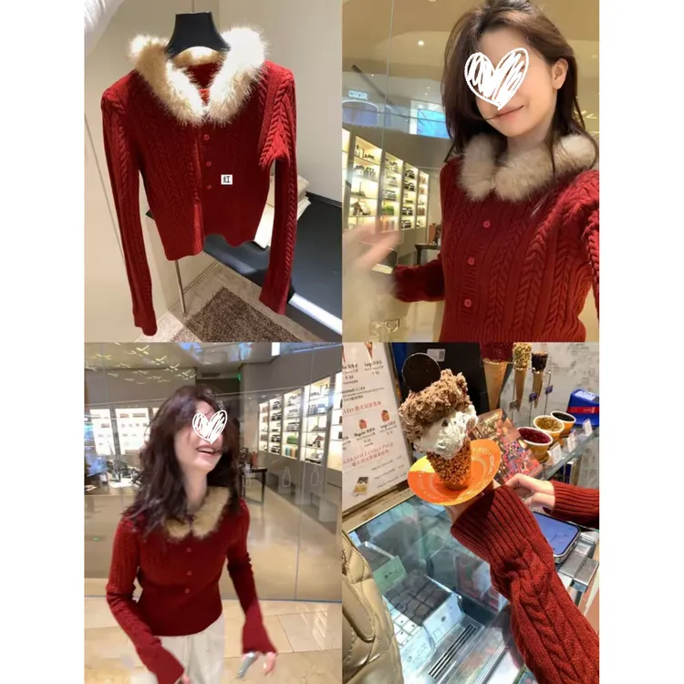 秋冬氛围感新款可拆卸毛领针织毛衣长袖打底衫保暖上衣女F01660