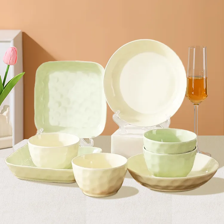 奶油石纹碗盘8件套简约休闲风家用碗盘小清新厨具纯色厨房用品