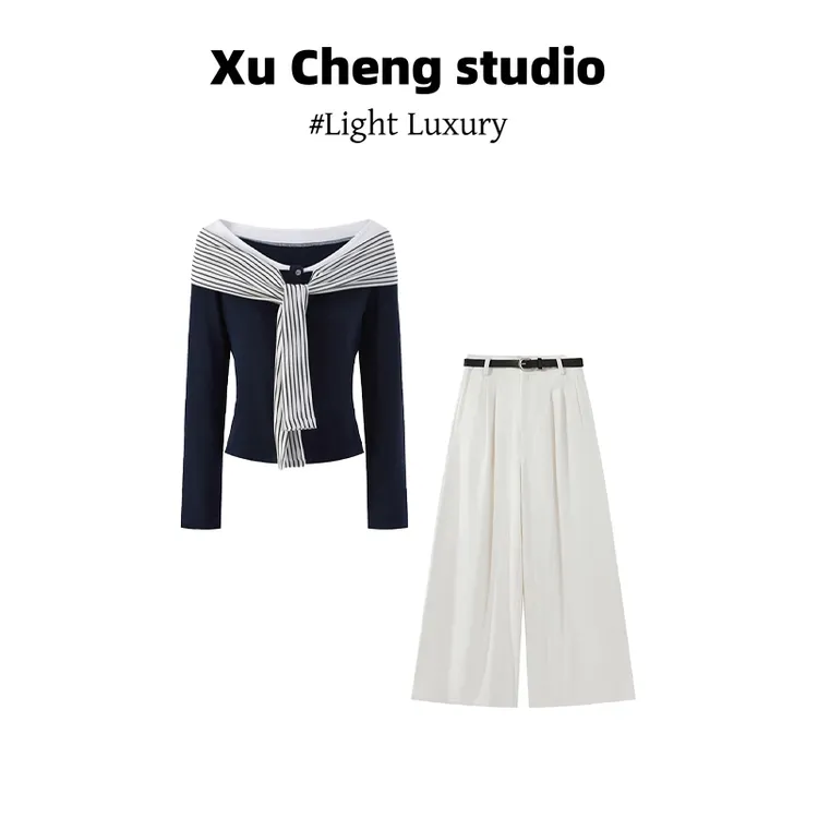 Xu Cheng设计感上衣韩系条纹绑带拼接假两件长袖T恤女高腰阔腿裤