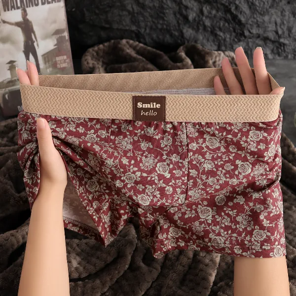 棉质透气复古色玫瑰印花男士内裤男式舒适四角裤新款个性短裤衩