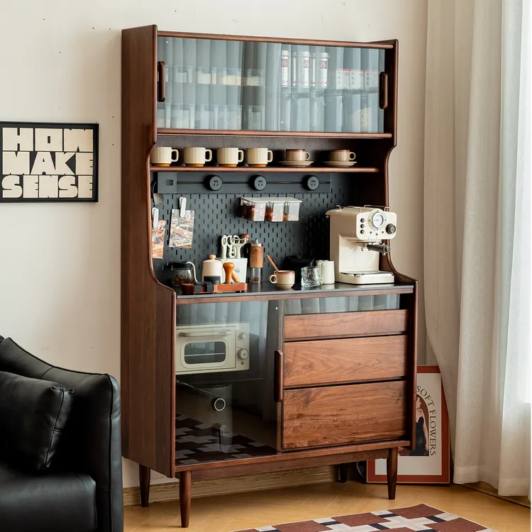 北欧黑胡桃木餐边柜实木窄柜复古边柜咖啡客厅中古风茶水柜储物柜