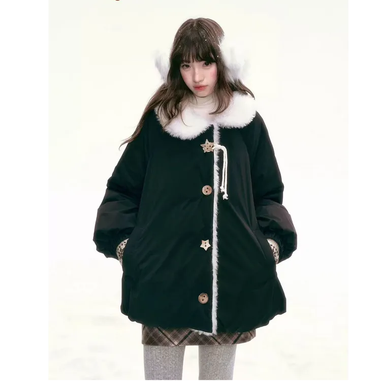 新罐头士多所绒间星轨冬季新款加厚保暖毛领花苞棉服外套