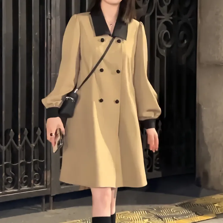 高级感法式卡其色长袖连衣裙复古秋季大码胖MM遮肉肉气质外套裙子