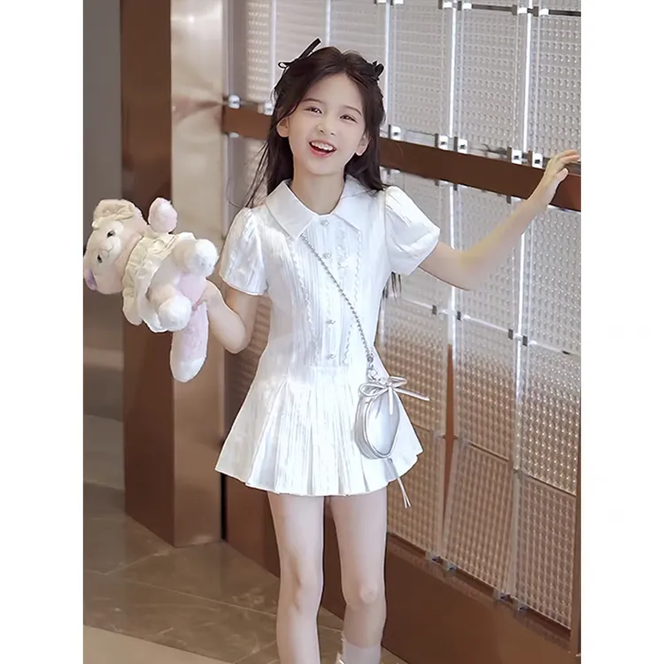 女童夏季连衣裙2025新款儿童学院风泡泡袖公主裙女孩气质衬衫短裙