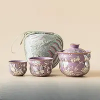仿宋汝窑鎏银蝶恋花一壶两杯陶瓷泡茶壶户外便携式快客杯旅行茶具