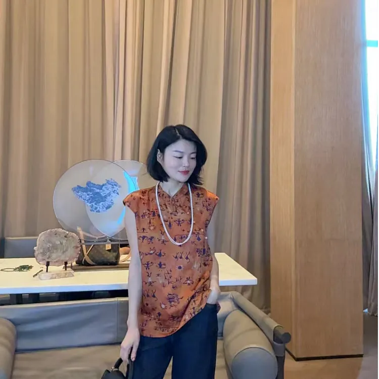 TANTAN  人丝 气质桔色印花衬衫1865