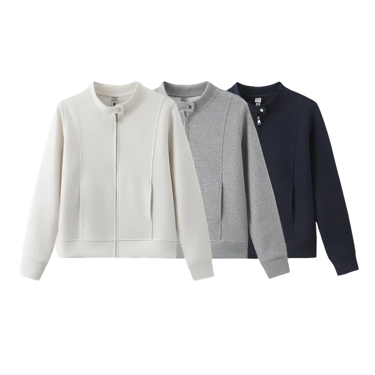 YG2512长袖运动立领女拉链直下摆纯色韩版宽松型短外套上衣