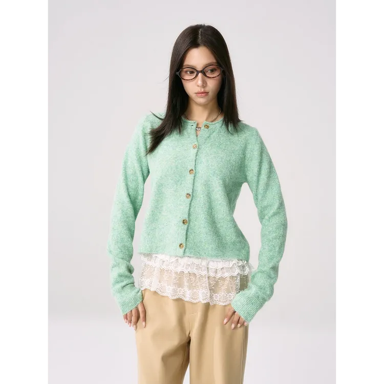 秋冬TENPSEN秋季梦幻纱雾绿针织上衣韩系复古慵懒风卷边毛衣外套