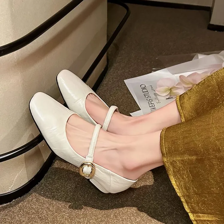里外真皮女鞋2025春季新款浅口女单鞋百搭法式温柔复古粗跟玛丽珍