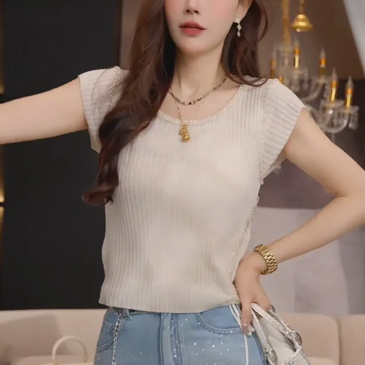 慵懒时分~2025春夏高定串珠抽身设计感气质简约飞飞袖针织衫上衣