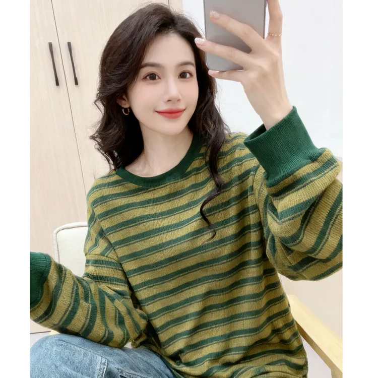 搭配牛仔裤的上衣美式复古T恤女秋冬新款长袖条纹打底中长款慵懒