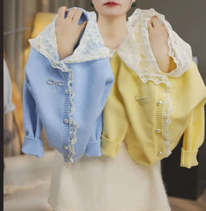 儿童毛衣2025春秋新款女宝宝针织毛衣纯色时尚蕾丝连帽开衫