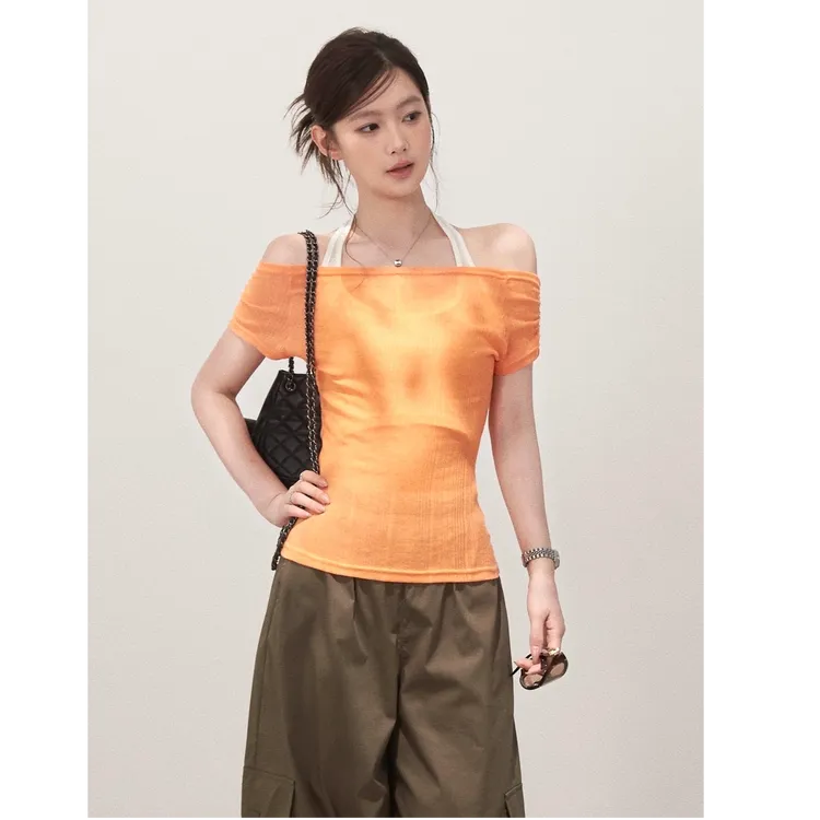 【谢不肉】夏季假两件撞色挂脖一字肩短袖修身T恤上衣5680