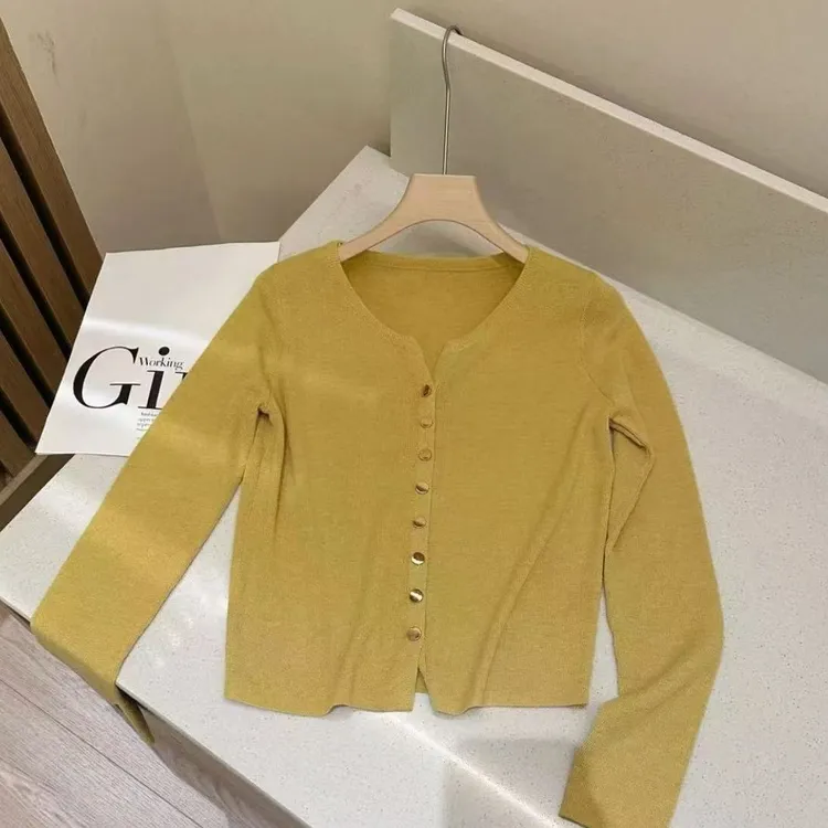 新款小香风V领开衫上衣纯色金属扣V领长袖针织开衫秋季A3-14