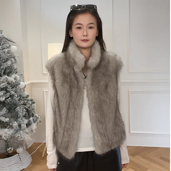 立领女口袋时髦多色马甲双色毛