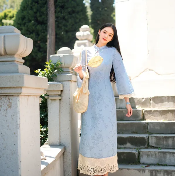 YH-66560大码女装胖mm新中式改良旗袍连衣裙2025春秋新款盘扣提花