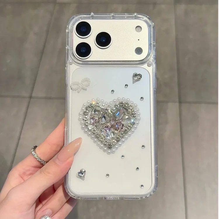 珍珠爱心粉白闪钻适用于苹果iPhone17promax手机壳16高透15千金风
