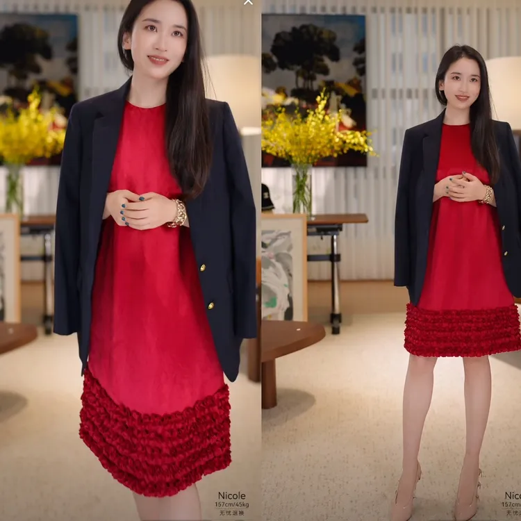 【大小姐】【贵姐NICOLE】进口醋酸木耳边压褶优雅无袖连衣裙5NQW029