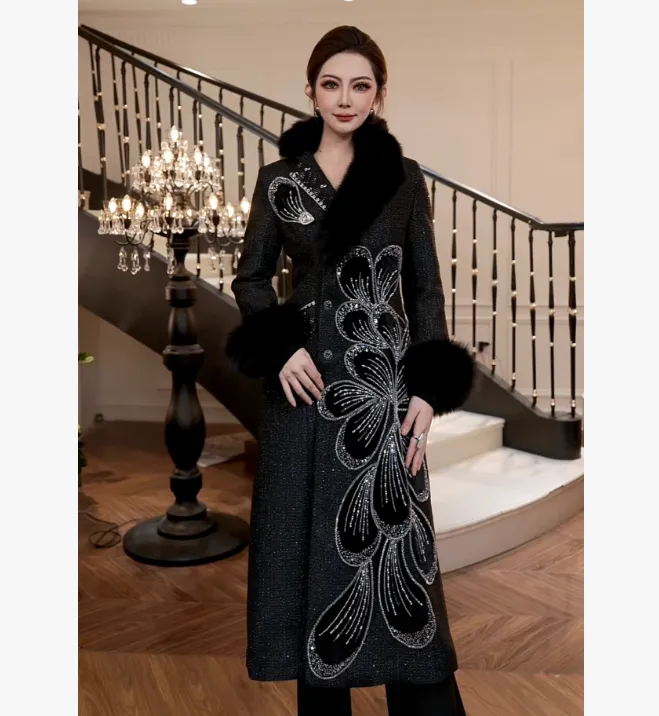 【FUNANI】 气质时尚优雅长款大衣刺绣2025设计师冬季 XG2531059A