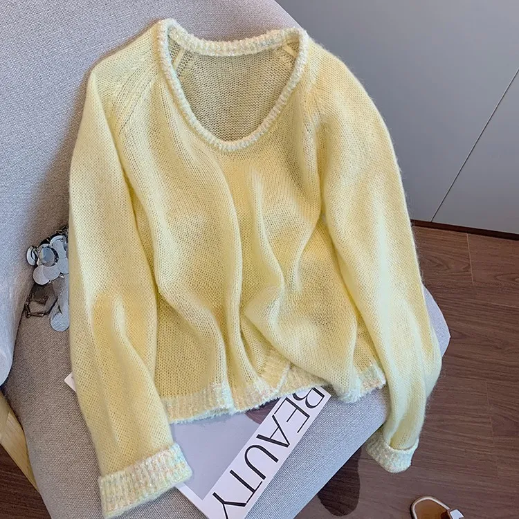 韩系黄色圆领长袖针织衫女2025秋季新款慵懒气质甜美百搭软糯毛衣