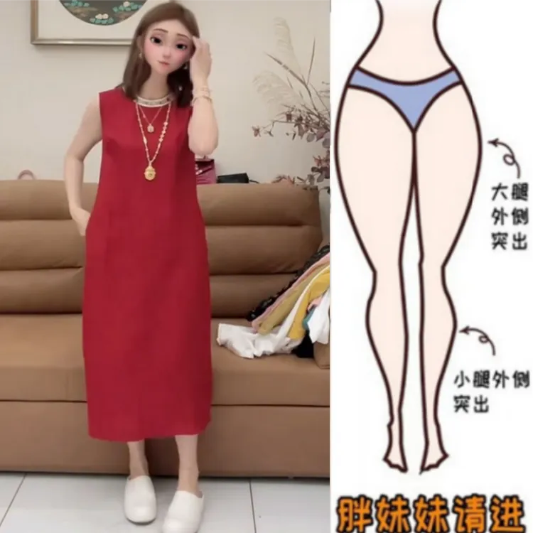 女夏季薄款梨型身材爆款洋气减龄时尚圆领显瘦气质女神亚麻连衣裙