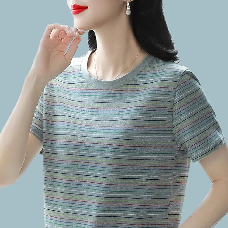 2025新款棉质短袖t恤女夏天条纹中年妈妈大码胖mm上衣夏季薄款T恤