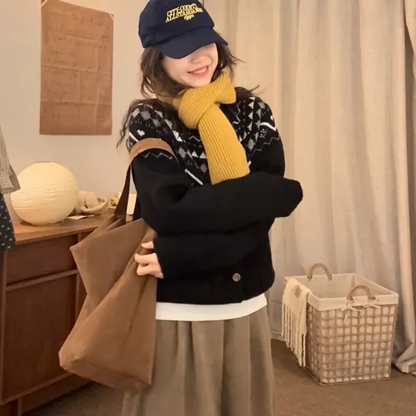 复古印花费尔岛圆领针织开衫女春秋慵懒宽松软糯亲肤百搭毛衣上衣