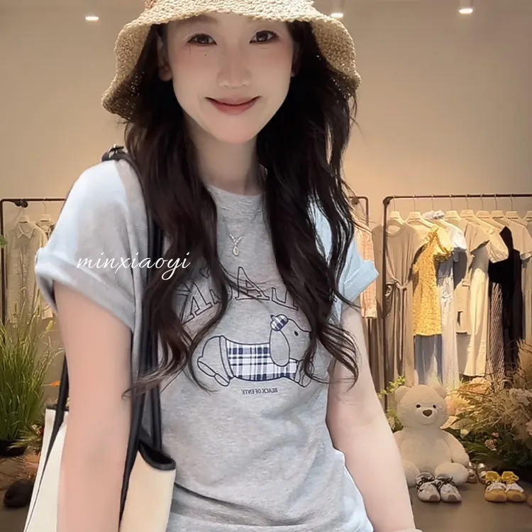 闵笑一 格子小狗 夏季新款时尚百搭圆领短袖T恤修身显瘦女上衣