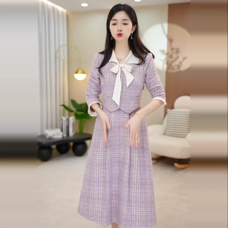 小香风假两件气质修身收腰连衣裙显瘦新款2025新品时尚气质大方