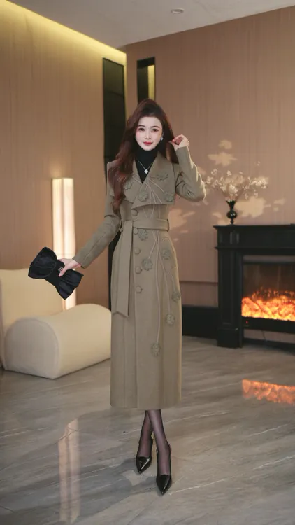 罗曼定制 高定原创大衣外套女气质花朵收腰冬季新款直筒连衣裙女