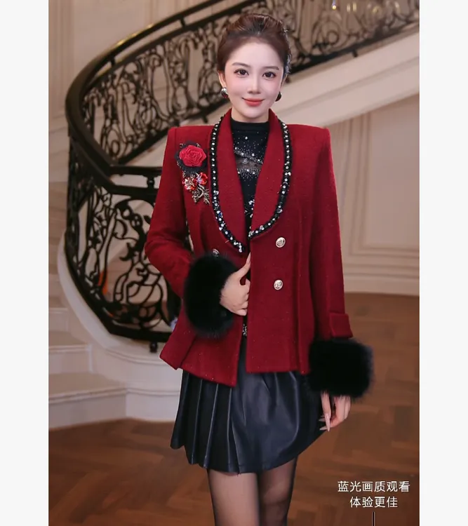 【芙娜妮】2025秋冬刺绣学院风短款女士百搭高级感大衣外套F2531133