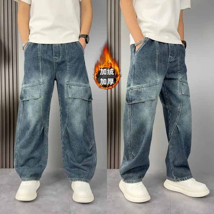 秋冬新款男加绒牛仔裤宽松百搭直筒工装裤美式水洗复古休闲长裤