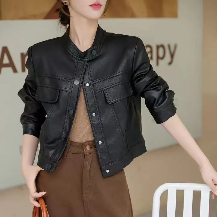 小个子短款立领皮衣外套女秋款2025新款时尚机车PU皮夹克上衣8896