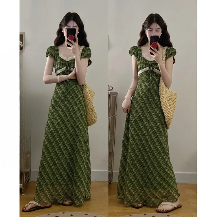 大码胖MM连衣裙微胖法式格子蕾丝拼接收腰夏日绿色长裙A字裙