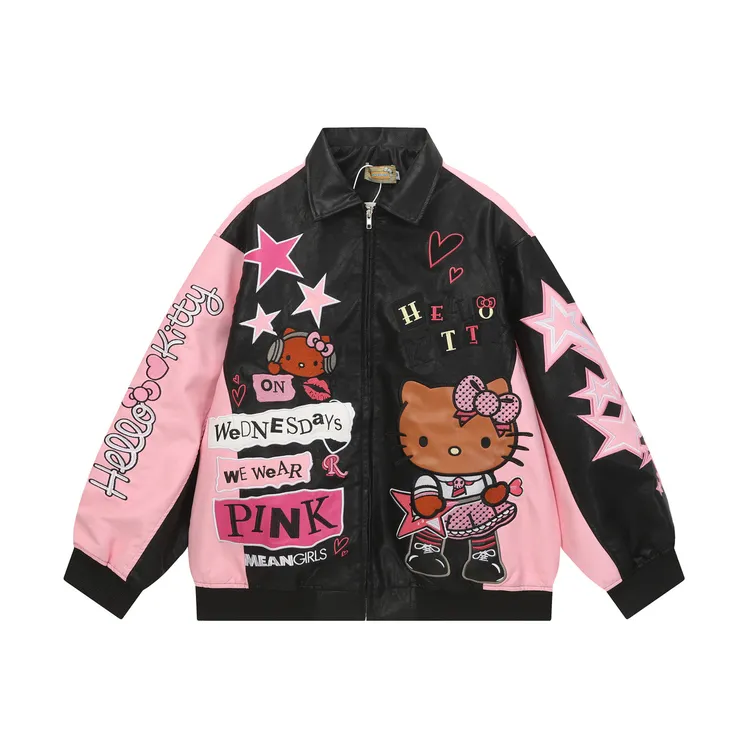 美式复古KT猫刺绣拼色皮衣男女秋冬款休闲宽松甜酷夹克外套棉衣潮