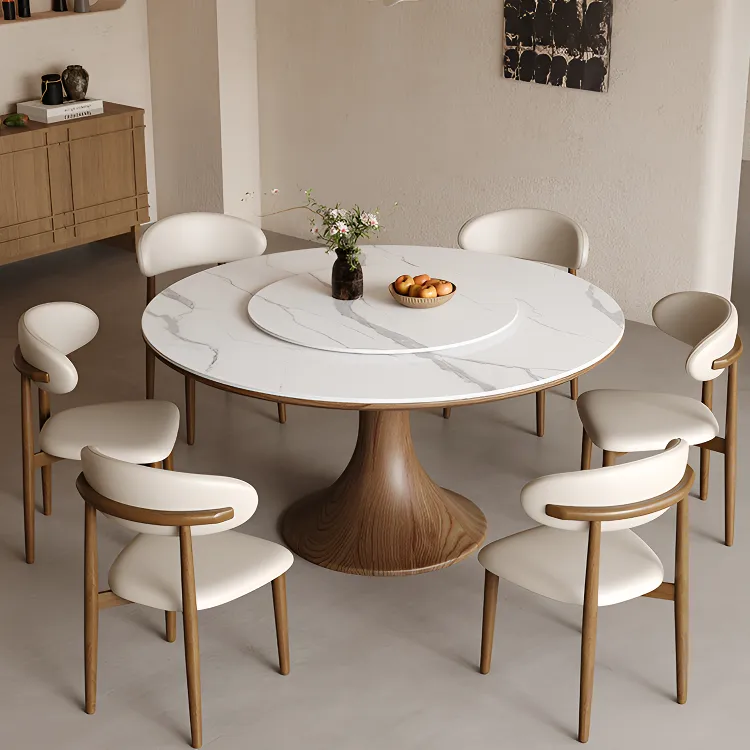 中古风岩板实木餐桌椅组合圆桌家用大小户型高端侘寂风岩板餐桌